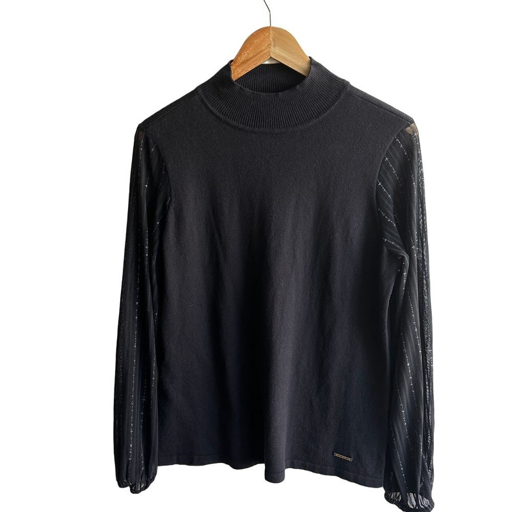 Anne Klein Mock Neck Knit Top Black Mesh Sleeves‎ Goth Medium NWT